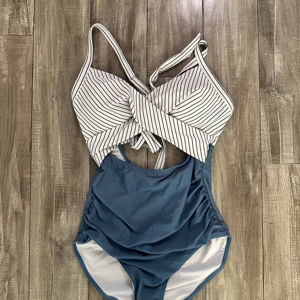 Two-Tone Striped & Teal One-Piece Swimsuit